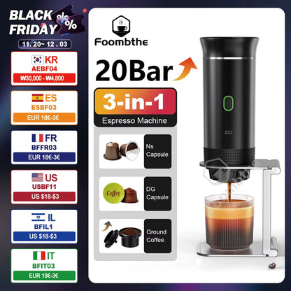 Wireless Electric Portable Espresso Coffee Machine for Car & Home Camping Coffee Maker 3-In-1 Capsule Powder Travel Coffee Maker